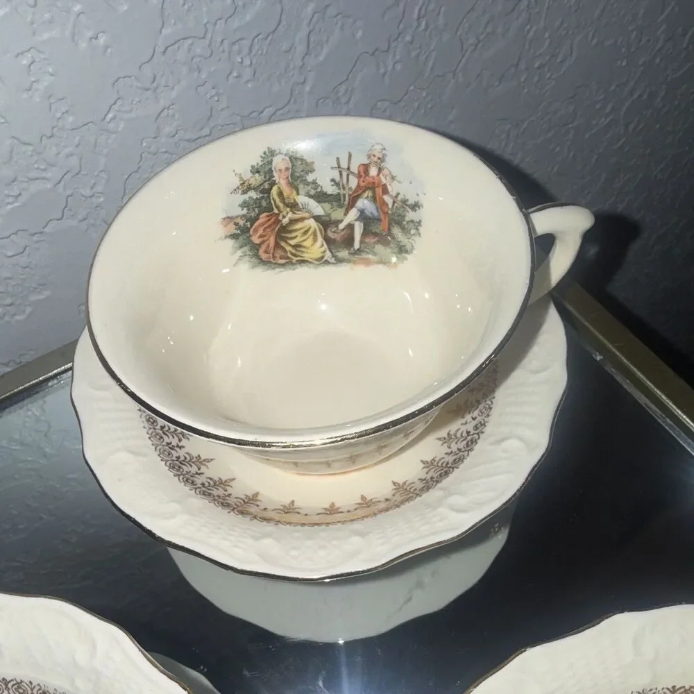 Vintage of 3 Ceramic Tea Cup & Saucer White the mallmars Romantic Couple Scene
